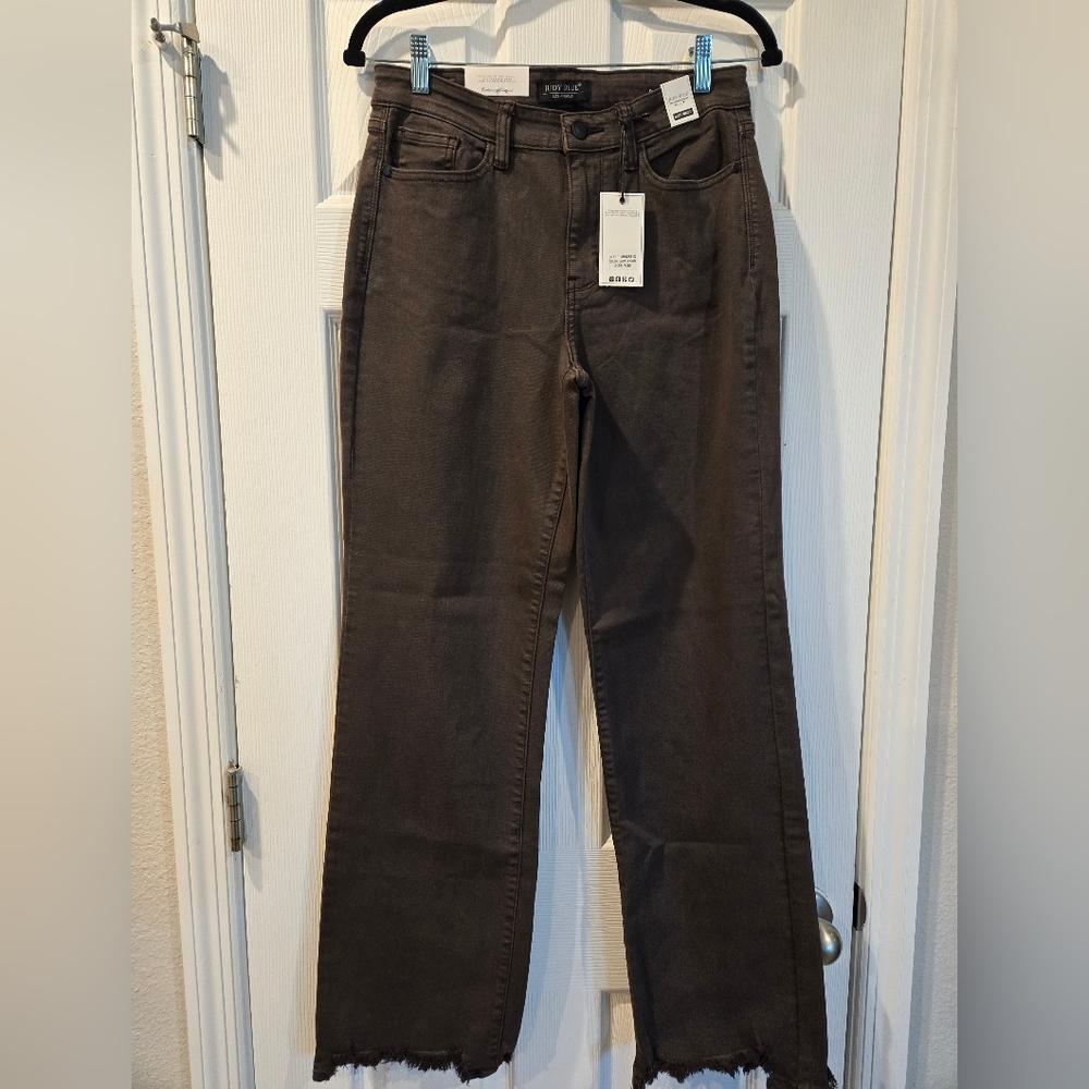 Judy Blue Zoe Straight Fit Garment Dyed, Frayed Hem 90's Jeans, Brown, Sz 7/28